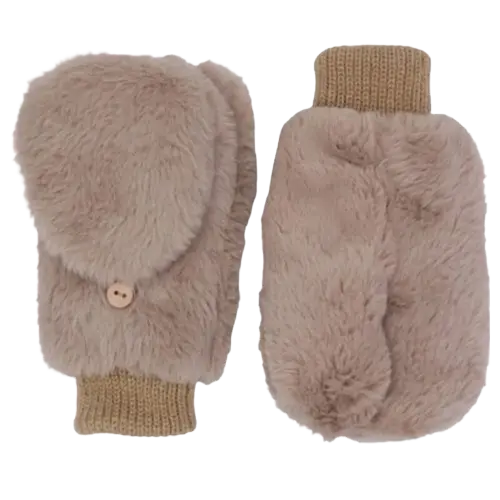 Convertible Teddy Fur Mittens with Ribbed Cuffs